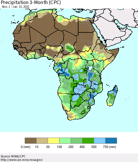Africa Precipitation 3-Month (CPC) Thematic Map For 11/1/2020 - 1/31/2021