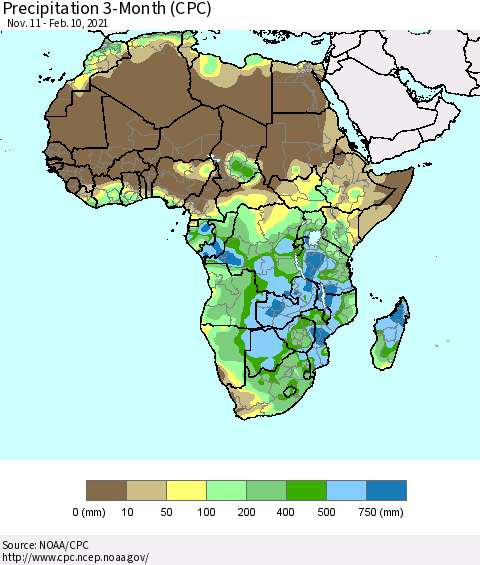 Africa Precipitation 3-Month (CPC) Thematic Map For 11/11/2020 - 2/10/2021