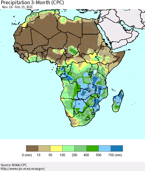 Africa Precipitation 3-Month (CPC) Thematic Map For 11/16/2020 - 2/15/2021