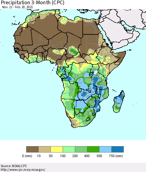 Africa Precipitation 3-Month (CPC) Thematic Map For 11/21/2020 - 2/20/2021