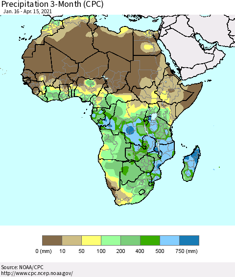 Africa Precipitation 3-Month (CPC) Thematic Map For 1/16/2021 - 4/15/2021