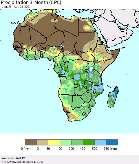 Africa Precipitation 3-Month (CPC) Thematic Map For 1/26/2021 - 4/25/2021