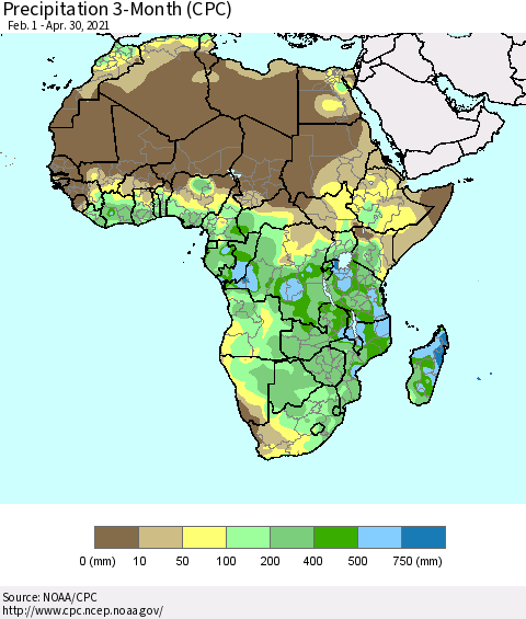 Africa Precipitation 3-Month (CPC) Thematic Map For 2/1/2021 - 4/30/2021