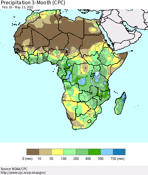 Africa Precipitation 3-Month (CPC) Thematic Map For 2/16/2021 - 5/15/2021