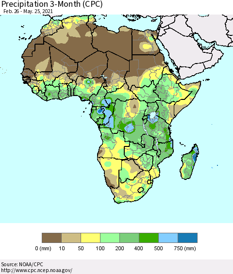 Africa Precipitation 3-Month (CPC) Thematic Map For 2/26/2021 - 5/25/2021