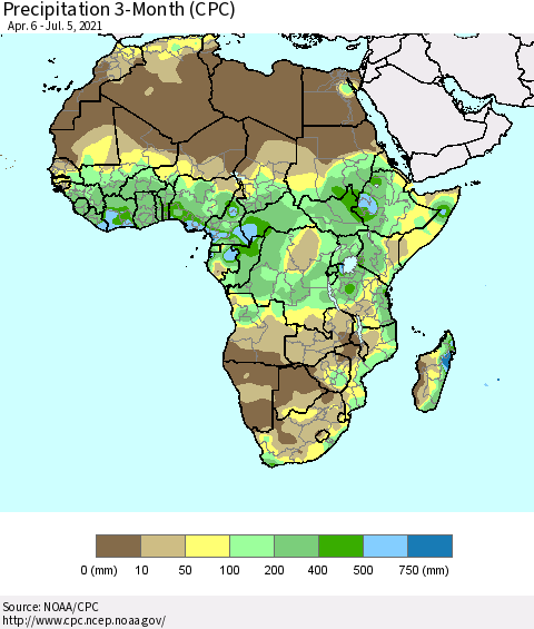Africa Precipitation 3-Month (CPC) Thematic Map For 4/6/2021 - 7/5/2021