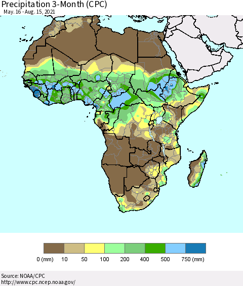 Africa Precipitation 3-Month (CPC) Thematic Map For 5/16/2021 - 8/15/2021