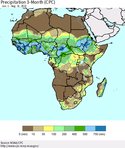 Africa Precipitation 3-Month (CPC) Thematic Map For 6/1/2021 - 8/31/2021