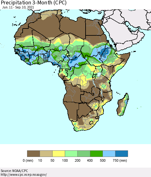 Africa Precipitation 3-Month (CPC) Thematic Map For 6/11/2021 - 9/10/2021