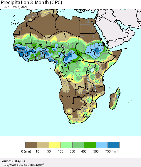 Africa Precipitation 3-Month (CPC) Thematic Map For 7/6/2021 - 10/5/2021