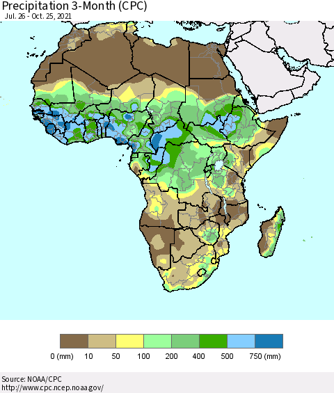 Africa Precipitation 3-Month (CPC) Thematic Map For 7/26/2021 - 10/25/2021