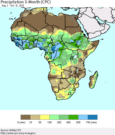 Africa Precipitation 3-Month (CPC) Thematic Map For 8/1/2021 - 10/31/2021