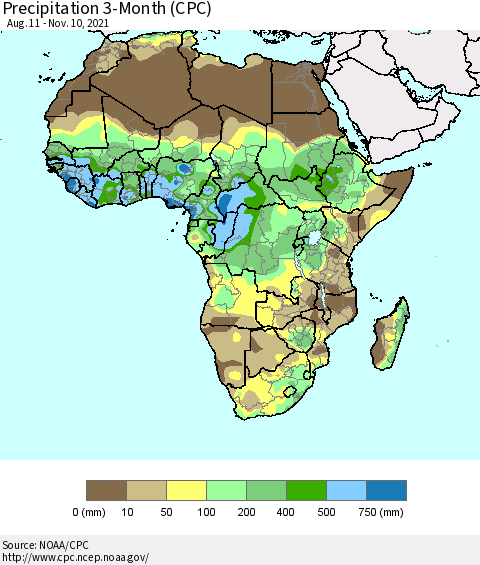 Africa Precipitation 3-Month (CPC) Thematic Map For 8/11/2021 - 11/10/2021