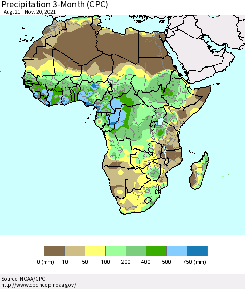 Africa Precipitation 3-Month (CPC) Thematic Map For 8/21/2021 - 11/20/2021