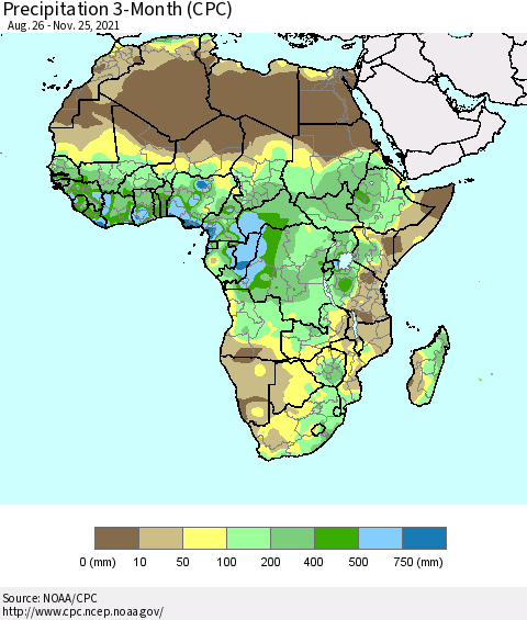 Africa Precipitation 3-Month (CPC) Thematic Map For 8/26/2021 - 11/25/2021