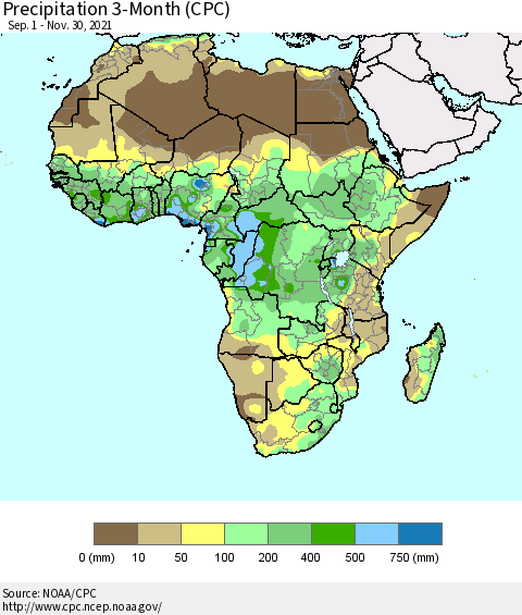 Africa Precipitation 3-Month (CPC) Thematic Map For 9/1/2021 - 11/30/2021