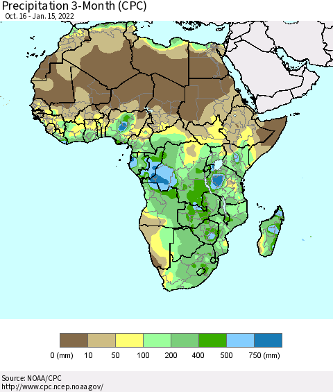 Africa Precipitation 3-Month (CPC) Thematic Map For 10/16/2021 - 1/15/2022