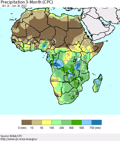 Africa Precipitation 3-Month (CPC) Thematic Map For 10/21/2021 - 1/20/2022