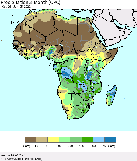 Africa Precipitation 3-Month (CPC) Thematic Map For 10/26/2021 - 1/25/2022