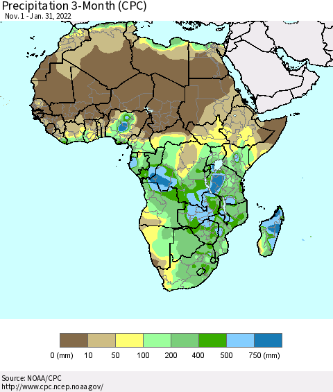 Africa Precipitation 3-Month (CPC) Thematic Map For 11/1/2021 - 1/31/2022