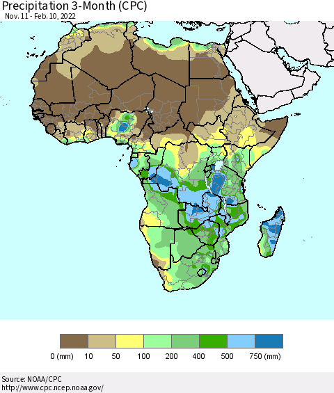 Africa Precipitation 3-Month (CPC) Thematic Map For 11/11/2021 - 2/10/2022