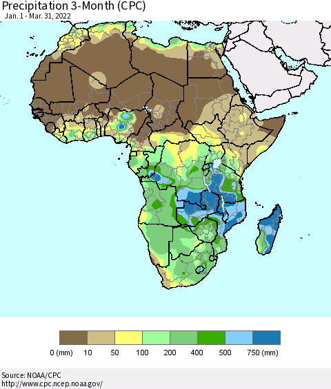 Africa Precipitation 3-Month (CPC) Thematic Map For 1/1/2022 - 3/31/2022