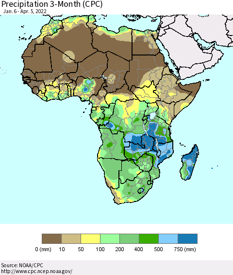 Africa Precipitation 3-Month (CPC) Thematic Map For 1/6/2022 - 4/5/2022