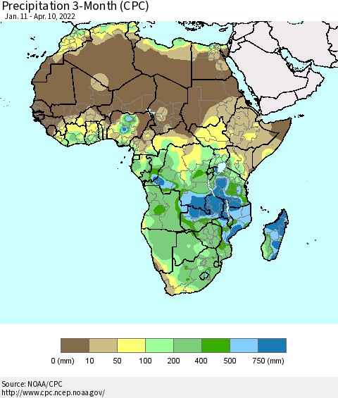 Africa Precipitation 3-Month (CPC) Thematic Map For 1/11/2022 - 4/10/2022