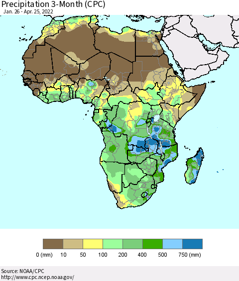 Africa Precipitation 3-Month (CPC) Thematic Map For 1/26/2022 - 4/25/2022
