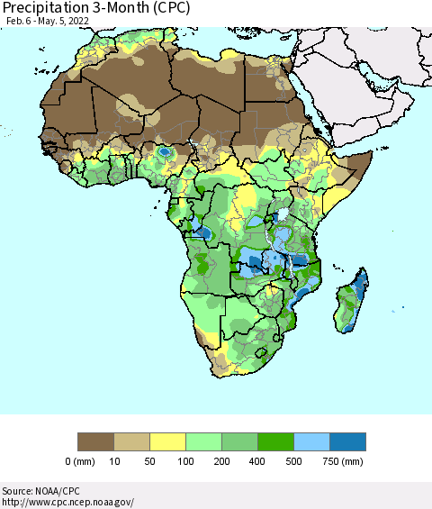 Africa Precipitation 3-Month (CPC) Thematic Map For 2/6/2022 - 5/5/2022