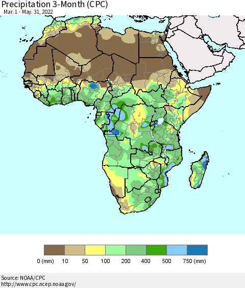 Africa Precipitation 3-Month (CPC) Thematic Map For 3/1/2022 - 5/31/2022