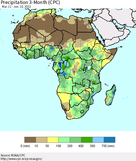Africa Precipitation 3-Month (CPC) Thematic Map For 3/11/2022 - 6/10/2022