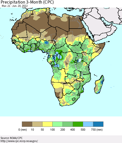 Africa Precipitation 3-Month (CPC) Thematic Map For 3/21/2022 - 6/20/2022