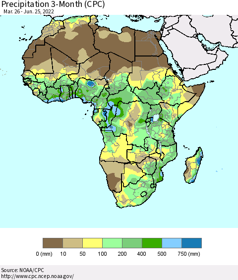 Africa Precipitation 3-Month (CPC) Thematic Map For 3/26/2022 - 6/25/2022
