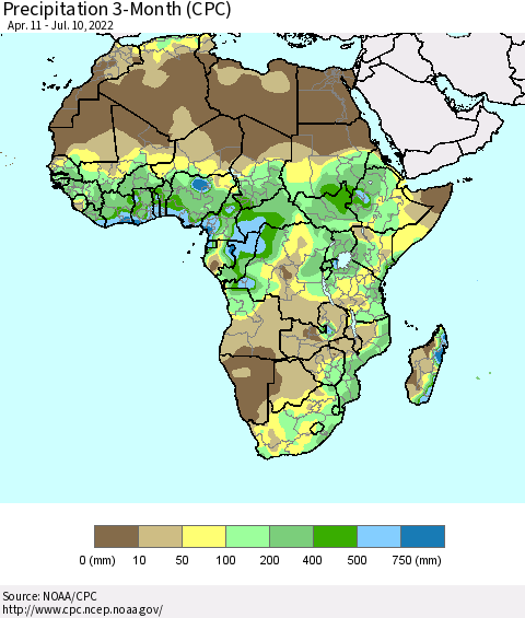 Africa Precipitation 3-Month (CPC) Thematic Map For 4/11/2022 - 7/10/2022