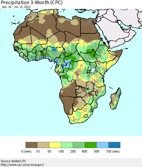 Africa Precipitation 3-Month (CPC) Thematic Map For 4/16/2022 - 7/15/2022