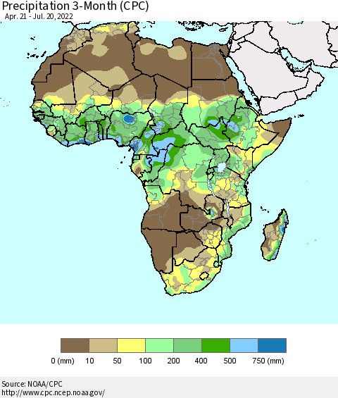 Africa Precipitation 3-Month (CPC) Thematic Map For 4/21/2022 - 7/20/2022