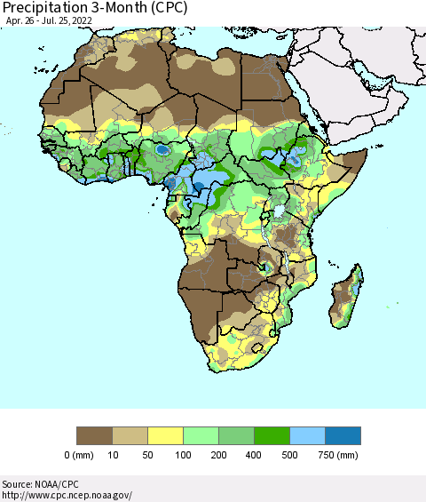 Africa Precipitation 3-Month (CPC) Thematic Map For 4/26/2022 - 7/25/2022