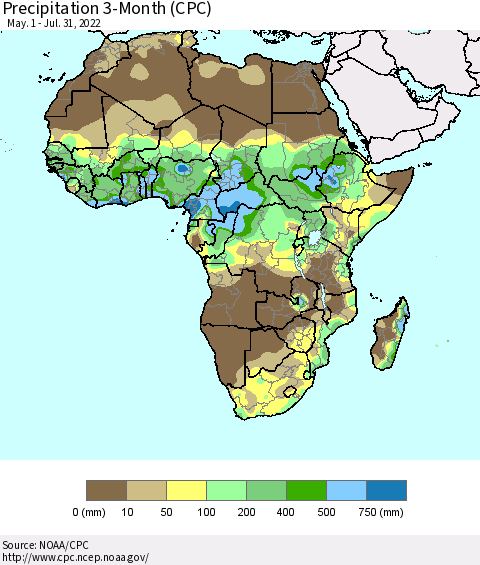 Africa Precipitation 3-Month (CPC) Thematic Map For 5/1/2022 - 7/31/2022