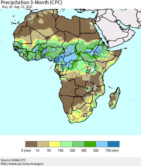Africa Precipitation 3-Month (CPC) Thematic Map For 5/16/2022 - 8/15/2022