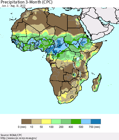 Africa Precipitation 3-Month (CPC) Thematic Map For 6/1/2022 - 8/31/2022
