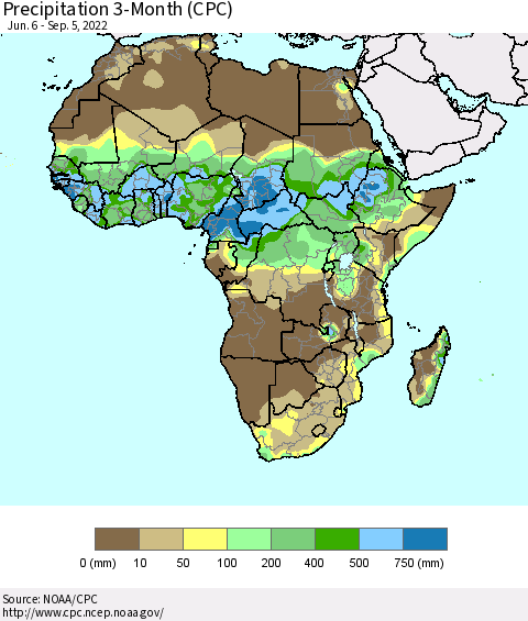 Africa Precipitation 3-Month (CPC) Thematic Map For 6/6/2022 - 9/5/2022