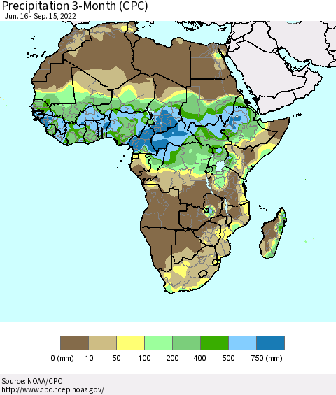Africa Precipitation 3-Month (CPC) Thematic Map For 6/16/2022 - 9/15/2022