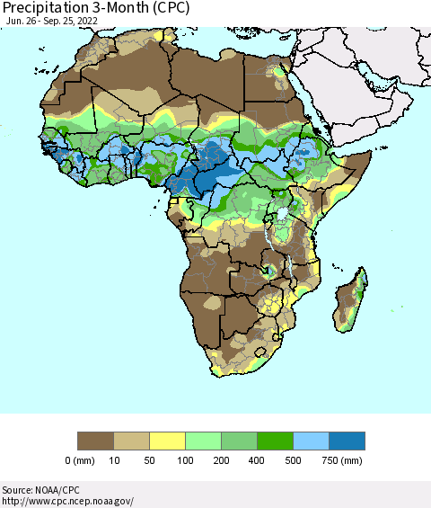 Africa Precipitation 3-Month (CPC) Thematic Map For 6/26/2022 - 9/25/2022
