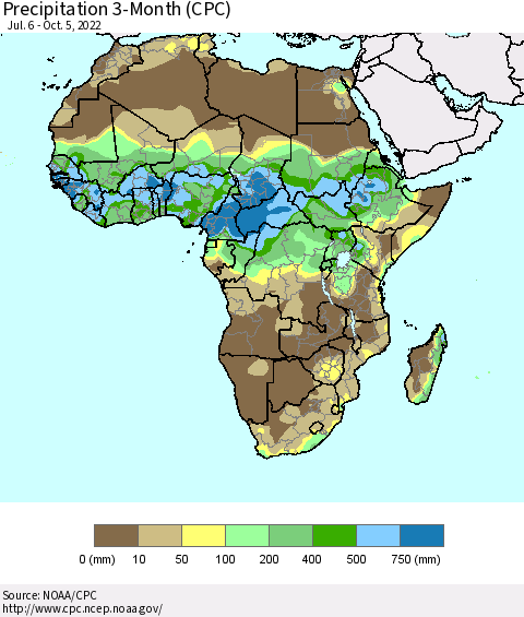 Africa Precipitation 3-Month (CPC) Thematic Map For 7/6/2022 - 10/5/2022