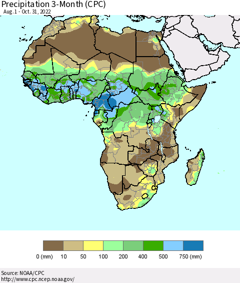Africa Precipitation 3-Month (CPC) Thematic Map For 8/1/2022 - 10/31/2022