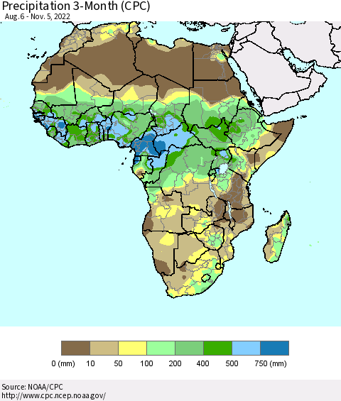 Africa Precipitation 3-Month (CPC) Thematic Map For 8/6/2022 - 11/5/2022