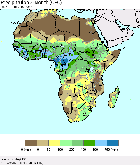 Africa Precipitation 3-Month (CPC) Thematic Map For 8/11/2022 - 11/10/2022
