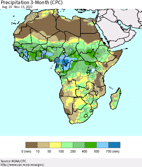 Africa Precipitation 3-Month (CPC) Thematic Map For 8/16/2022 - 11/15/2022