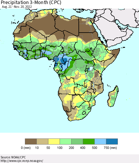 Africa Precipitation 3-Month (CPC) Thematic Map For 8/21/2022 - 11/20/2022